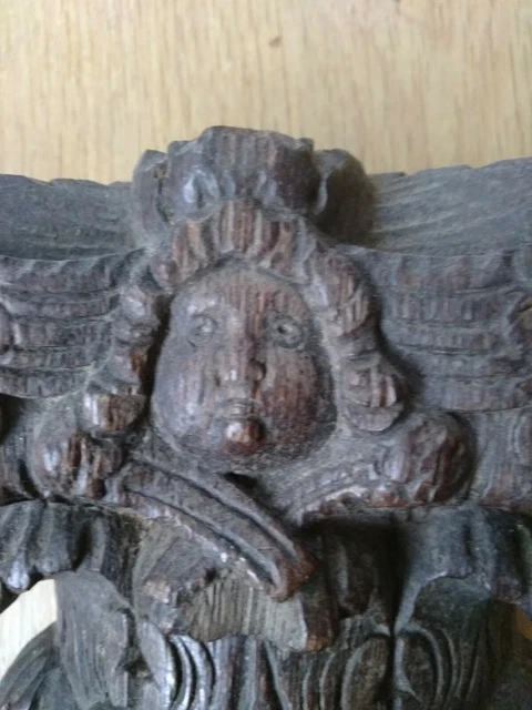 Belle colonne + chapiteau sculpté chêne vignes oiseau anges anciens bois