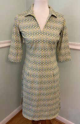 J Mclaughlin Geometric Print Dress XS Green Yellow 3/4 Sleeve Collar Catalina