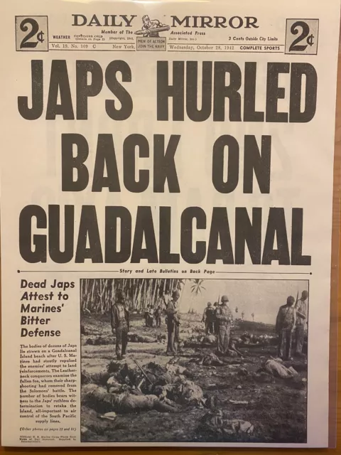 Vintage Newspaper Headline ~World War 2 Us Battle Japanese Guadalcanal Wwii 1942