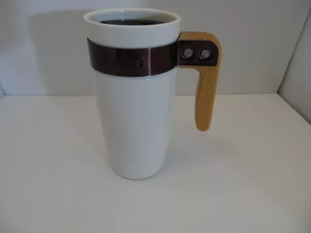 Ello Ceramic Travel Mug Wooden Handle Coffee-Tea -Water Mug Tea White Brown  Lid