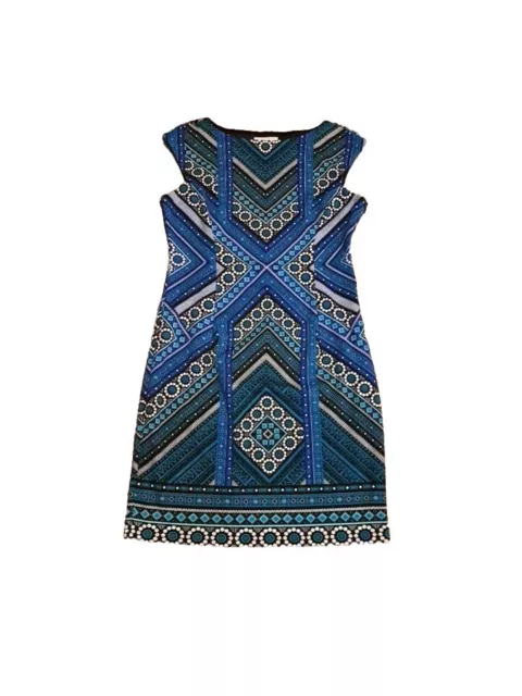 London Style Collection Sheath Dress Womens Sz 10 Blue Geometric Design
