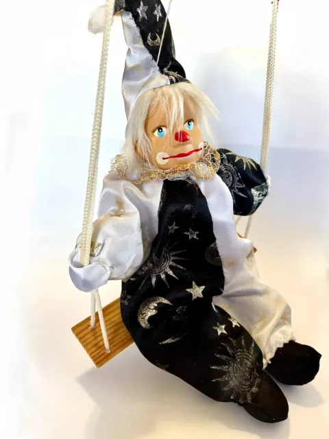 Vintage Marionette Clown Doll Porcelain Figurine Jester On Hanging Wood Swing