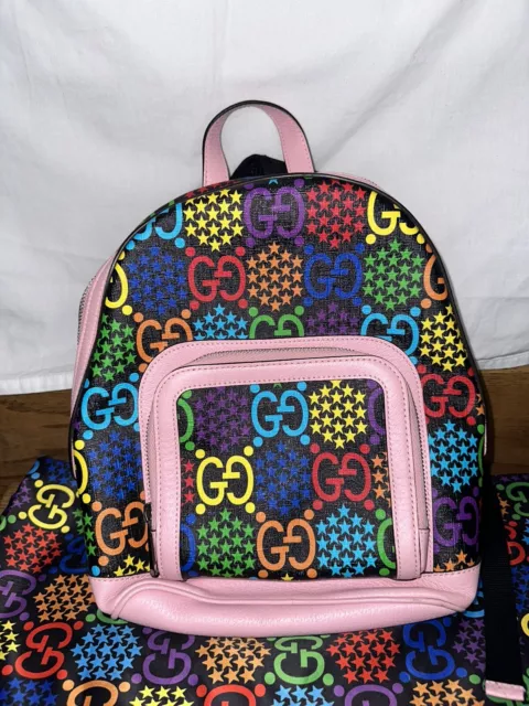 GUCCI GG Supreme Monogram Apple Small Retro Interlocking G Day Backpack  Beige Multicolor Lobster Red 1142925