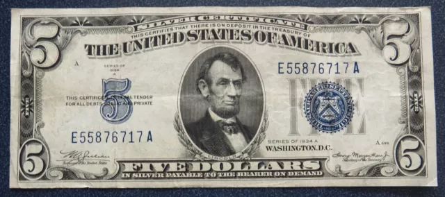 1934A Series $5 Mule Silver Certificate Blue Seal Note - Item# 6082