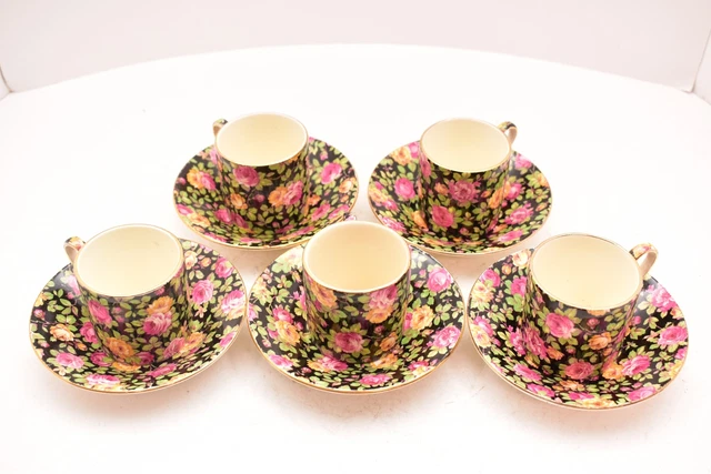 VTG Royal Winton Beeston Chintz Black Demitasse Espresso Cups & Saucers SET 5