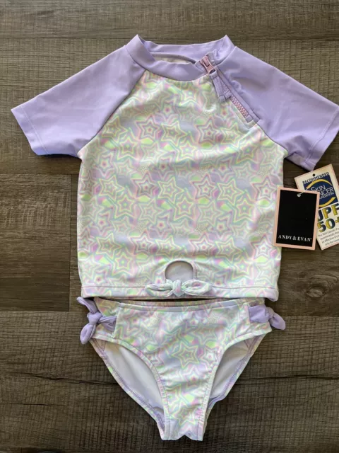 Andy and Evan Swimsuit Two piece rashguard swim 3T Zip Lavender Stars UPF 50 NWT