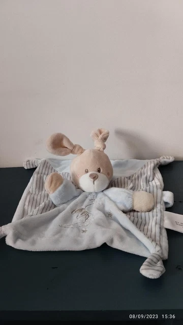 Doudou Plat Simba Lapin Bleu Raye Gris Etoile Argent