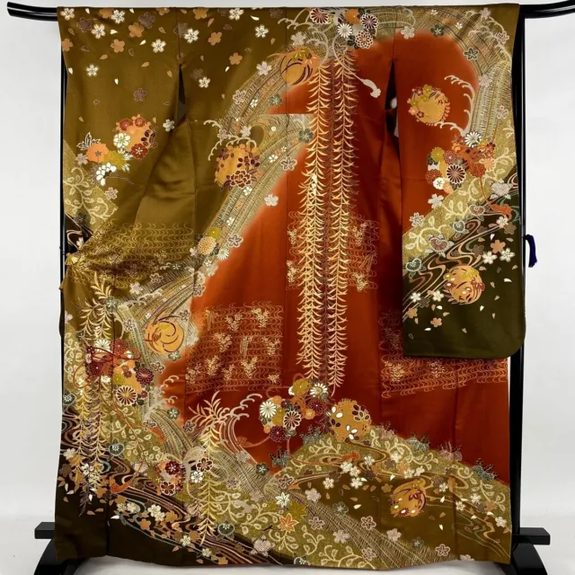 Japanese kimono SILK"FURISODE" long sleeves, Gold/Silver, Dorum,L66"..2167