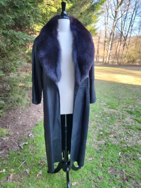 Black 100% real leather open front long coat w/removable fox fur collar, s.Small