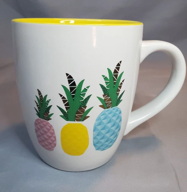 CLAY ART JUMBO Coffee Mug Pineapples Pink Yellow Blue Gold Ceramic 23oz