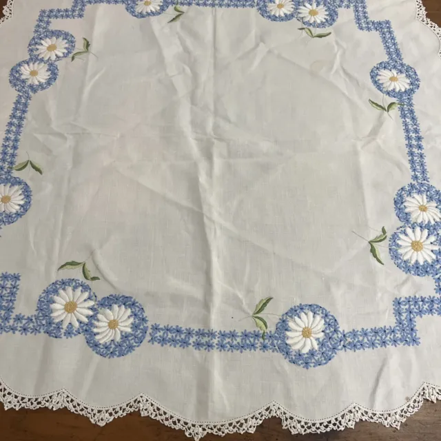 Vintage  Linen SUPPER Cloth Hand Embroidered Daisies 85 Cms Square