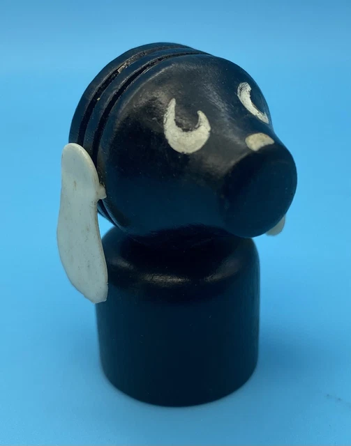 Vintage  Fisher Price Little People Wood Black Dog With White Ears