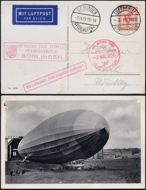 Zeppelin Dt. Reich 1929 Fahrt nach Böblingen Bordpost AK Si 48 B / 1793