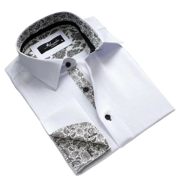White with Black Paisley Mens Slim Fit French Cuff Dress Shirts with Cufflink Ho
