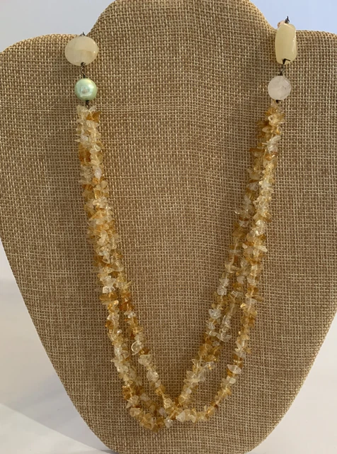 Long Glass Beads Peach and Little Green Necklace
