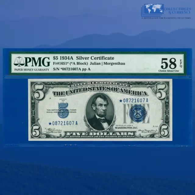 Fr.1651* 1934A $5 Five Dollars Star Note Silver Certificate, PMG 58 EPQ #21607