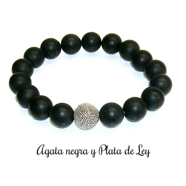 PULSERA de AGATA NEGRA MATE Y BOLA 10 mm PLATA de LEY Oxidada. Calidad y Precio