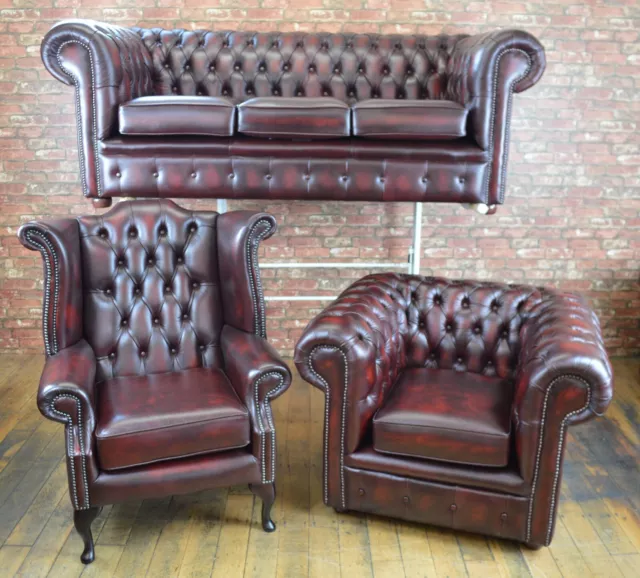 Chesterfield leather suite chair sofa B/NEW Oxblood leather handmade in England