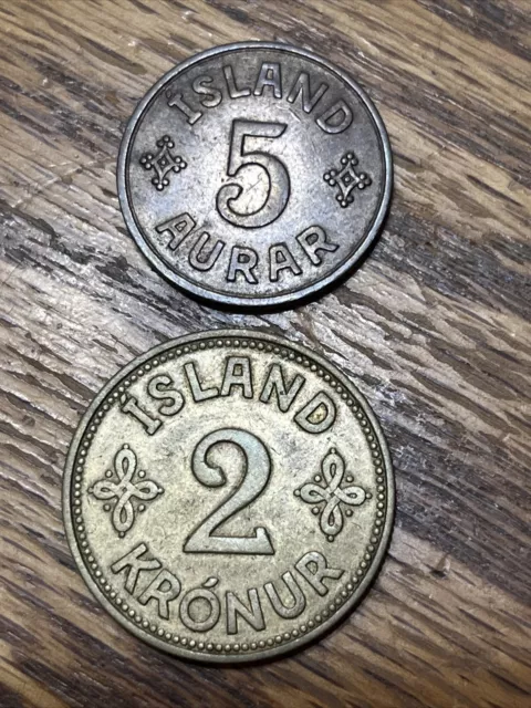 1940 Iceland 2 coin lot, 5 Aurar & 2 Kronur. Both low mintages.  NICE COINS!