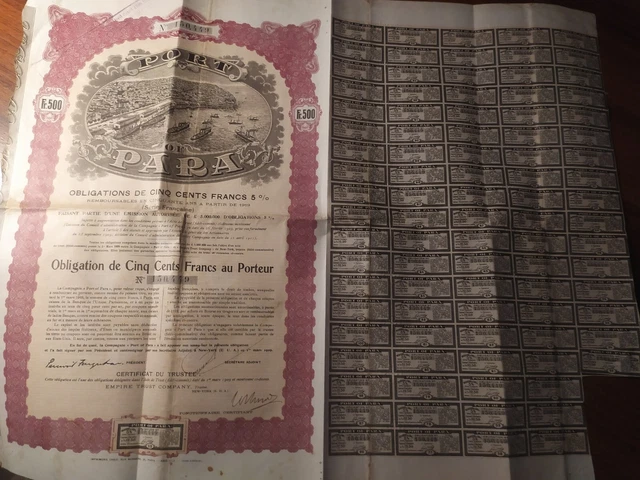Brazilian 1909 Port Para 500 Francs Coupons Bond Loan Share Stock Obligation