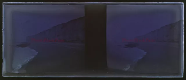 Plage Mer Paysage c1930 Photo NEGATIVE Plaque de verre Stereo Vintage V33L24n
