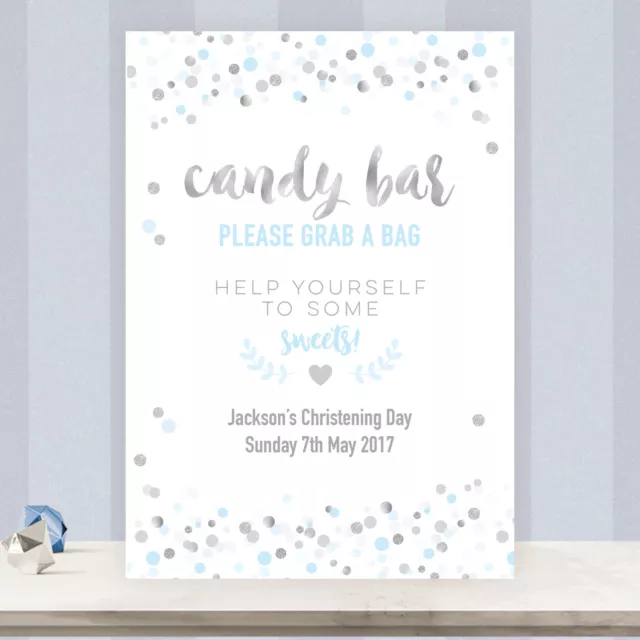 Personalised Candy Bar Buffet Sweet Table Sign Light Blue & Silver Confetti SB2