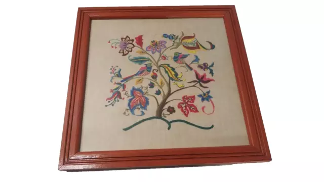 Vtg Crewel Embroidery Needlework on Linen Floral Tree Finished Framed 1411