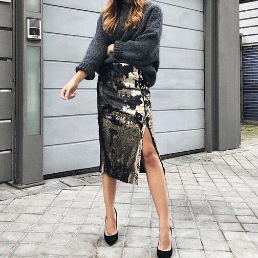 ZARA CONTRAST SEQUIN GOLD SKIRT ZARA Falda lentejuelas SIZE M EUR