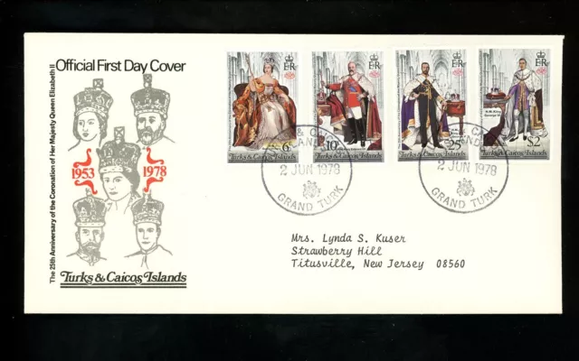 Postal History Turks & Caicos #342-345 FDC QEII Coronation 25th Anniversary 1978