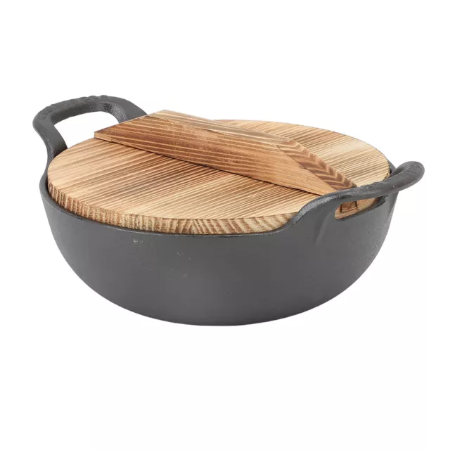 HG (25cm)Cast Iron Wok With 2 Handle Wooden Lid Frying Pan With Flat Base Uncoat