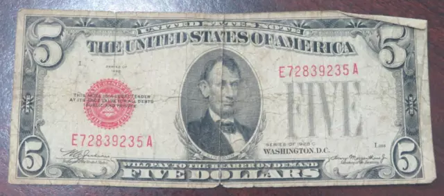 1928 $5 Red Seal Note * Neat Old Note * 9235