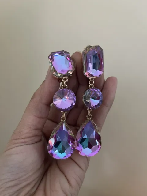 3" Lavender Light Purple Gold Long Rhinestone Crystal Dangle Earrings Clip On