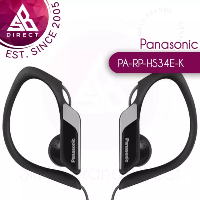 Panasonic RP-HS34E Water Resistant Sport Headphones│Adjustable Ear Clip│Black