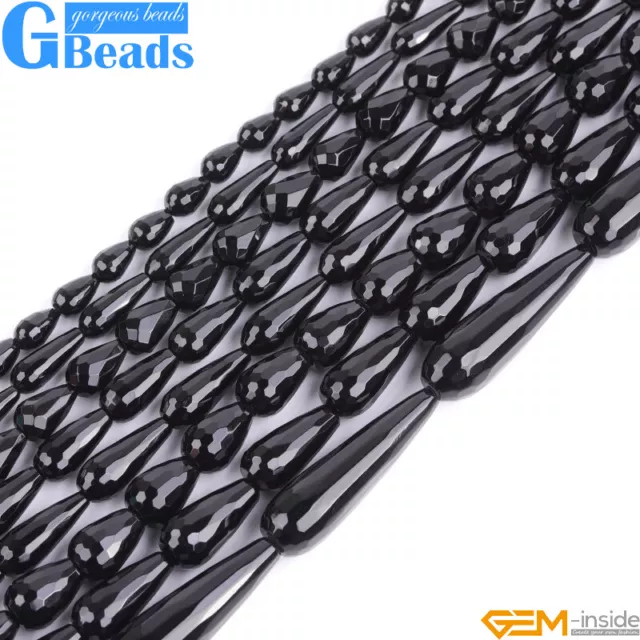 Natural Black Onyx Agate Faceted Teardrop Loose Beads For Jewelry Making 15"