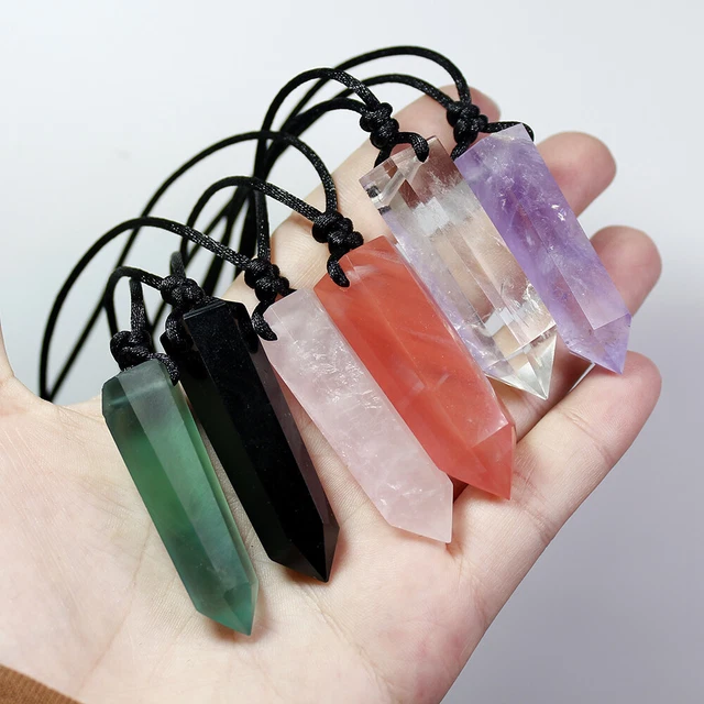 Natural Gemstone Quartz Crystal Pendant Single Point Hexagonal Wand Necklace