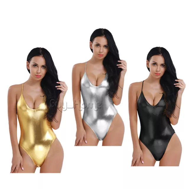 Women Ladies Leather Wet Look Bodysuit Catsuit Jumpsuit Slim Leotard Tops Romper