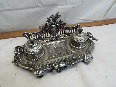 Early Catilian Double Brass Plated Inkwell Desk Tool Ornate Victorian