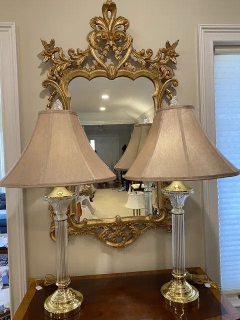 Pair of Regency/Art Deco Polished Brass Cut Glass Lamps