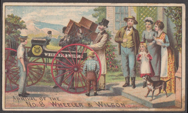Wheeler & Wilson #8 Sewing Machine trade card 1880s unload from wagon
