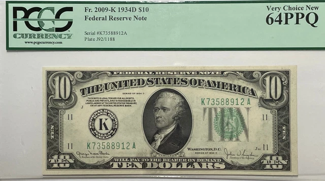 1934-D (K) $10 Ten dollar federal reserve note, Fr#2009-K, PCGS: 64PPQ