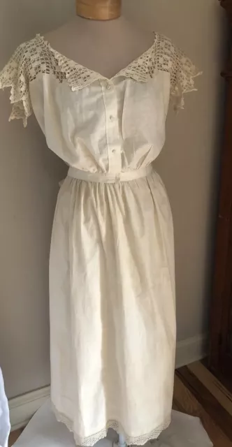 Antique Edwardian Cotton Camisole 40 & Long Slip Petticoat Crochet Lace