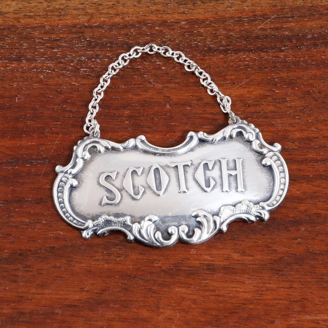 Large Gorham Sterling Silver Bottle Tag #349 Scroll & Bead "Scotch "