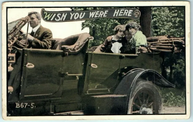 Postcard - Man and his Lovers in Car Art Print - Love/Romance Greeting Card