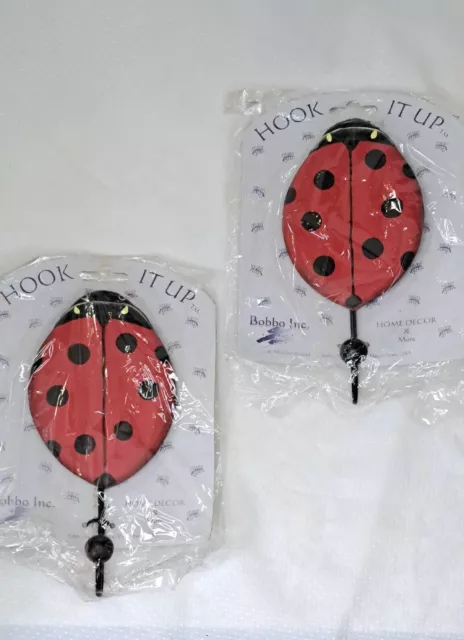 Set 2 Bobbo Inc. Ladybug Wood/Metal Painted Robe Coat Towel Hook Hanger Shabby