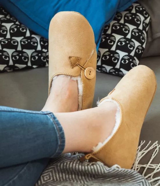 Women's Genuine Sheepskin Slippers Beige 100% Real Fur Hand Crafted SOFT SOLE