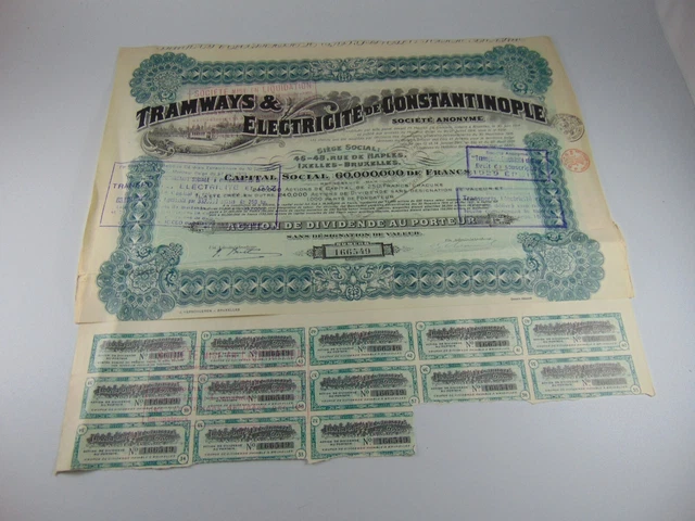 1929 Share Certificate Tramways Electricite Constantinople Belgium Ephemera Tram