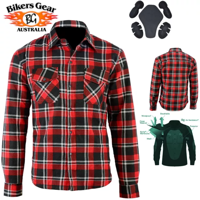 New Bikers Gear Kevlar® Lined Flannel Motorcycle Shirt Red Black White Flanny