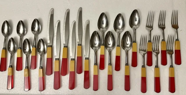 Vtg  EnglishTown Bakelite Lucite 24 Piece Flatware Butterscotch And Red Art Deco