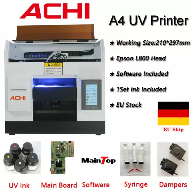 ACHI A4 UV Flatbed Printer Epson L800 Print Head & UV INK For Phone case EU Ship