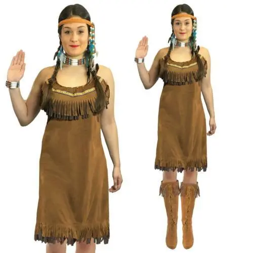 Ladies Red Indian Costume Adults Pocahontas Native American Fancy Dress Western